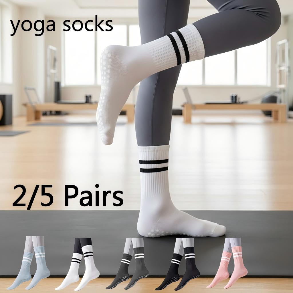 Pilates Yoga Fitness - ถุงเท้าโยคะกันลื่นสำหรับผู้หญิง, ถุงเท้าพิลาทิสแบบยึดเกาะ, ชุด 2/5 คู่, ถุงเท้ากันลื่นสำหรับเต้นรำ,