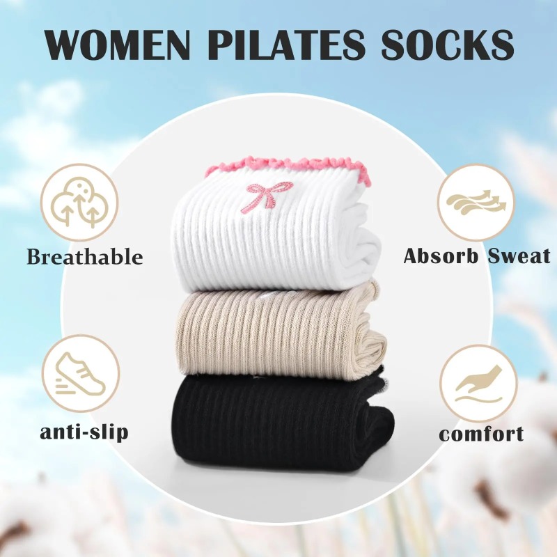 Pilates Yoga Fitness - ถุงเท้าโยคะมืออาชีพ สายรัดผ้าฝ้าย ซิลิโคนกันลื่น สำหรับพิลาทิส ฟิตเนส และการเต้นบนพื้น