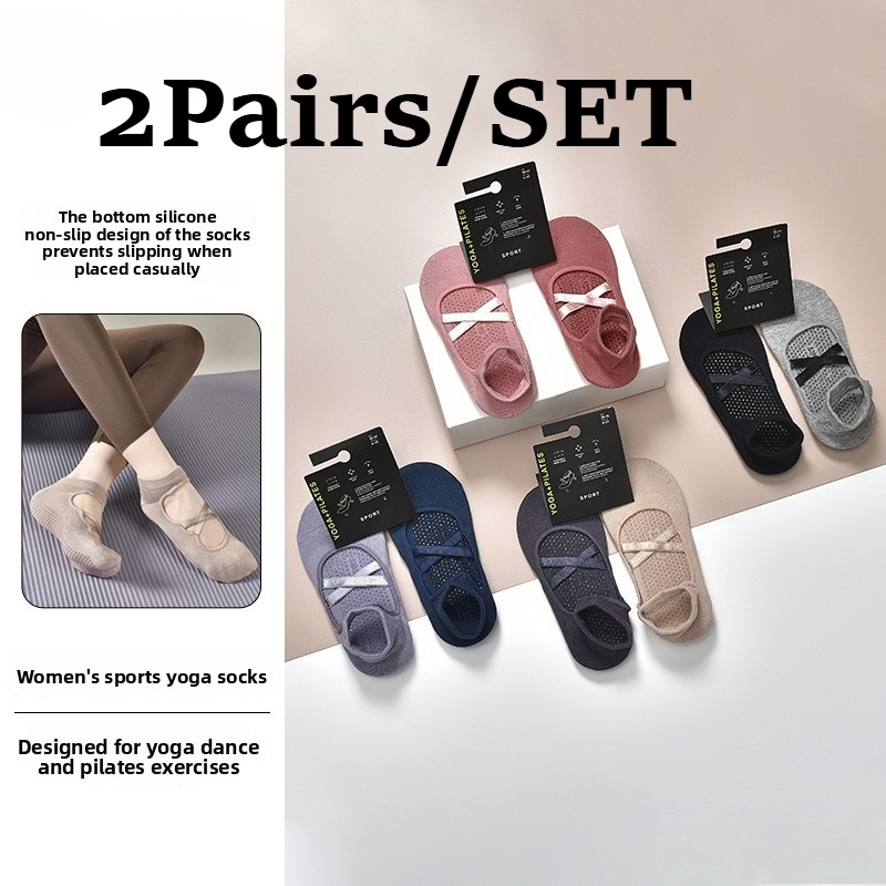Pilates Yoga Clothes - 2 คู่ผ้าฝ้ายระบายอากาศดูดซับเหงื่อถุงเท้าโยคะซิลิโคนกันลื่นถุงเท้าผู้หญิงพิลาทิสฟิตเนสบัลเล่ต์กีฬาถุงเท้าชุด